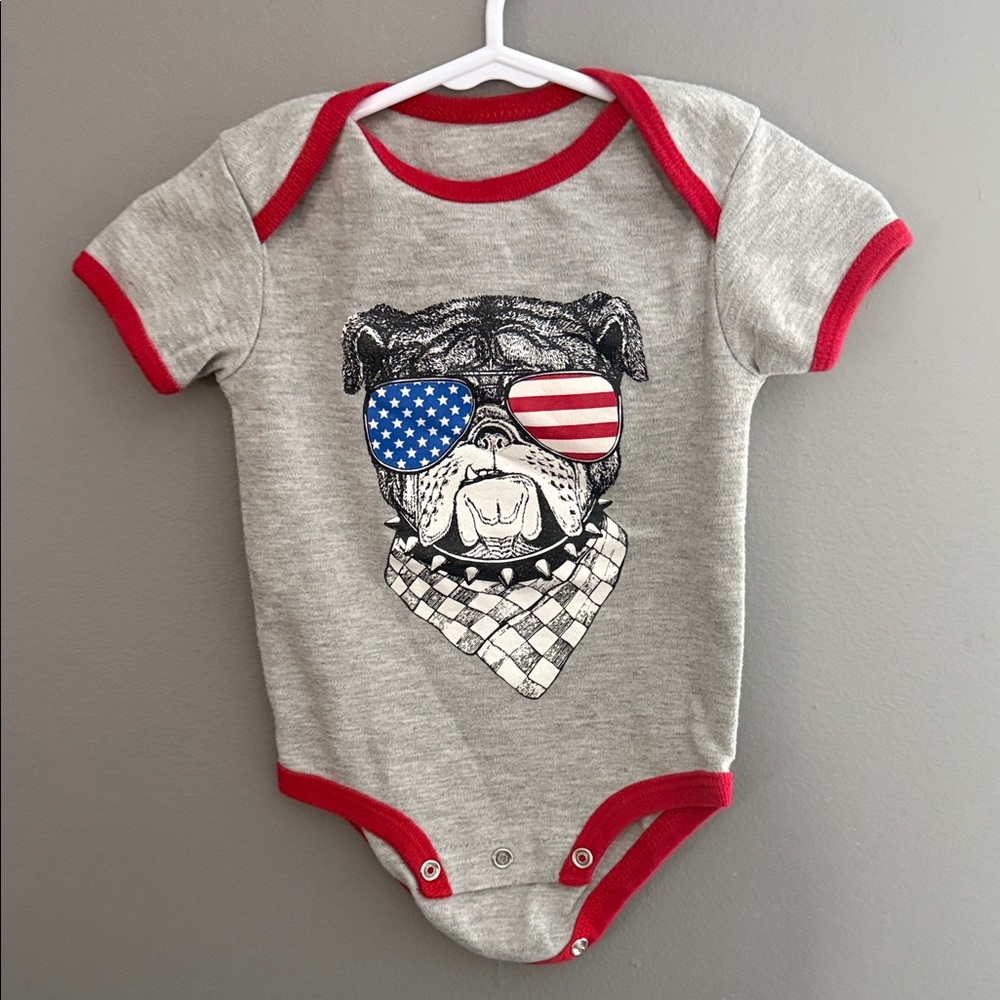 Patriotic Bulldog Baby Bodysuit - Gray with Red Accents